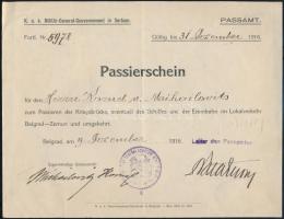 1916 Belgrád, K. u. k. Militär-General-Gouvernement által kiállított utazási engedély
