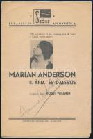 1935 Műsorfüzet, a címlapon Marian Anderson (1897-1993) Vigadóban tartott ária és dalestjével, a címlapon az opera-énekesnő aláírásával, és más műsorokkal, szöveggel.