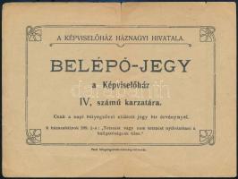 1910 Képviselőház Háznagyi Hivatalának belépőjegye a Képviselőház IV. számú karzatára, a hátoldalán pecséttel és aláírásokkal.