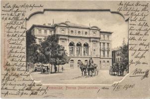 1900 Temesvár, Timisoara; Ferenc József színház, utcai árus, lovaskocsi. Polatsek kiadása / theatre, street vendor, horse carts. Art Nouveau