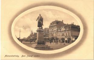 Marosvásárhely, Targu Mures; Bem József szobra, József Emil cipőraktára. Márványi Arthur kiadása / statue, shops