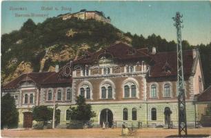 1914 Barcarozsnyó, Rozsnyó, Rosenau, Rasnov; Hotel u. Burg, Gasthaus zur Rosenauer Burg / Szálloda Barcarozsnyó várához, háttérben a vár. Phot. Verlag G. Gutt / Cetatea Rasnov / hotel, castle ruins (EK)