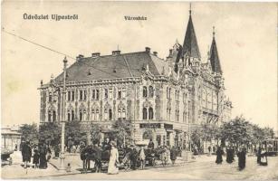1913 Budapest IV. Újpest, Városháza, üzletek, villamos. Salgó-féle könyvnyomda kiadása (EK)
