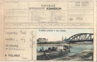 1911 Komárom, Komárnó; Távirat drótüdvözlet, látkép a kishídról / bridge. Telegraph greetings, montage