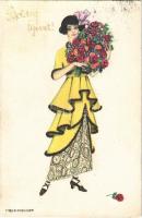1917 Boldog Újévet! Fashion lady, New Year greeting. B.K.W.I. 641-2. s: Mela Koehler (r)