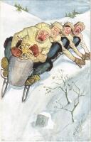 Winter sport art postcard / Four-men controllable bobsled, sledding down, winter sport, humour. B.K.W.I. 412-4. s: Carl Josef