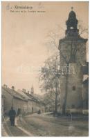 1915 Körmöcbánya, Kremnitz, Kremnica; Alsó utca és Szent Erzsébet templom. Ritter Lipót J. kiadása / street view, church (fa)