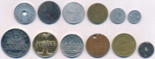 12db-os vegyes fém zseton, bárca tétel, közte "M.O.S.V. (Magyar Országos Söripari Vállalat) Kőb...