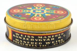 1930 Weisz Manfréd konzervgyár cukrozott gyümölcsös fém doboza, d: 8 cm