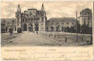 1900 Temesvár, Timisoara; Józsefváros, indóház, vasútállomás, villamos. Králicsek Béla kiadása / railway station in Iosefin, tram