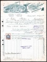 1913 Az Esztergomhoz tartozó Kenyérmezőmajorban lévő Kalmár Sándor szeszgyár és finomító dekoratív fametszetes, kitöltött, 2f okmánybélyeggel ellátott számlája, rajta a gyár látképével