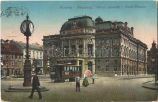 1914 Pozsony, Pressburg, Bratislava; Városi színház, villamos / Stadt-Theater / theatre, tram (EK)