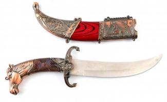 Keleti stilusú, lófej markolatú dísztőr, szfinx-szel díszített tokkal, stainless steel pengével, laz...