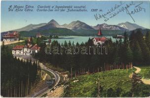 1915 Tátra, Magas Tátra, Vysoké Tatry; Csorba-See mit der Zahnradbahn / Csorba-tó a fogaskerekű vasúttal / lake, cogwheel railway (gyűrődés / crease)