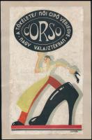 cca 1930 Art deco dekoratív Corso cipő reklámlap, kartonra kasírozva, Zoltán szignóval, 27×16 cm