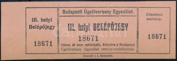 cca 1910 III. helyi belépőjegy ellenőrző szelvénnyel a budapesti ügetőversenyre, szép állapotban