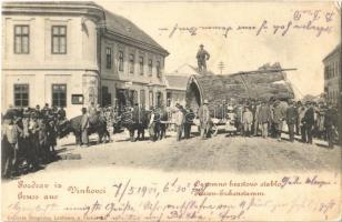 1901 Vinkovce, Vinkovci; utcakép egy kivágott óriás tölgyfa törzsével / Ogromno hrastovo stablo / Riesen-Eichenstamm / street view with giant oak tree trunk