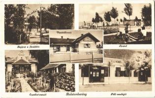 1937 Balatonberény, bejárat a fürdőhöz, strand, fürdőzők, vasútállomás, Erzsébet penzió, Páli vendéglő és szálloda, étterem