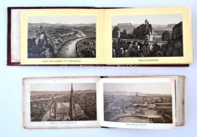 cca 1873 Album von Wien, 10 képet tartalmazó leporelló Bécsről, közte a Bécsi 1873-as világkiállítás épületeinek fotóival, kissé kopott, kissé foltos félvászon-kötésben, 6 hiányzó képpel, javított+cca 1881 Sächs-Böhm Schweiz, 28 képet tartalmazó leporelló, kopott vászon-kötésben, foltos.