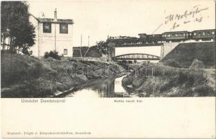 1907 Dombóvár, Kettős vasúti híd, gőzmozdony, vonat. Polgár J. kiadása
