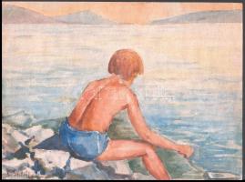 Jelzés nélkül: Balaton parton. Akvarell,. papír. 33x24 cm