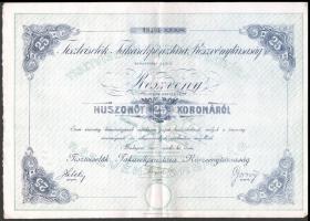 Budapest 1907. "Tisztviselők Takarékpénztára Részvénytársaság" részvény 25K-ról (2x) sorsz...