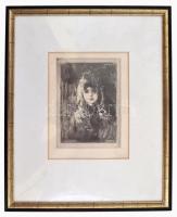 R. Josif jelzéssel: Kislány, rézkarc, papír, jelzett, paszpartuban, üvegezett fa keretben, 16x12 cm