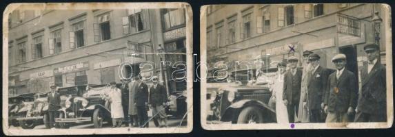 1933 Budapest, taxiállomás, gépjárművekkel, 2 db feliratozott fotó, viseltes állapotban, 6×8,5 cm