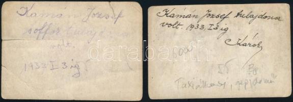 1933 Budapest, taxiállomás, gépjárművekkel, 2 db feliratozott fotó, viseltes állapotban, 6×8,5 cm