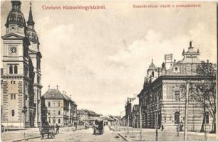 1906 Kiskunfélegyháza, Kossuth utca, Postapalota. Vesszősi József kiadása + ORSOVA - BUDAPEST 76. SZ. vasúti mozgóposta bélyegző