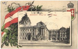 1915 Budapest I. Királyi vár. Szecessziós magyar zászlós és címeres montázs