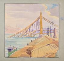 Pataky Ferenc (1897-?): A Ferenc József híd romjai a Dunában. Akvarell, papír, jelzett, 26x25 cm Kis hiánnyal