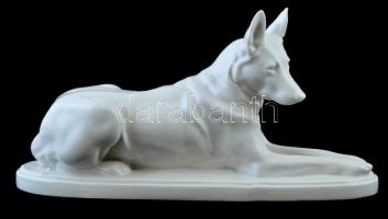 Porcelán kutya, fehér mázas, jelzett, gyári hibákkal, h: 36 cm