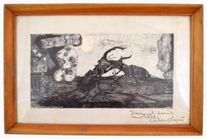 Olvashatatlan jelzéssel: Szarvasbogarak küzdelme. rézkarc, papír. Jelzett, 16x29 cm Üvegezett keretb...