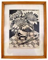 Sóo Zöld Margit (1931-) : Napraforgók. Linó, papír. Jelzett. Üvegezett keretben. 34x26 cm