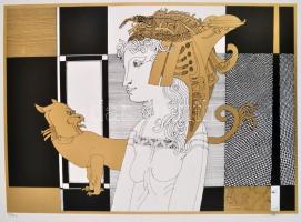 Szász Endre (1926-2003): Női macskával. Szitanyomat (19/100), papír, jelzett, 36x49 cm