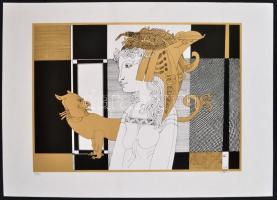 Szász Endre (1926-2003): Női macskával. Szitanyomat (19/100), papír, jelzett, 36x49 cm