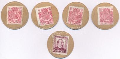 Spanyolország ~1930. 15c (4x) + 25c bélyeges szükségpénz T:1-,2 Spain ~1930. 15 Centimos (4x) + 25 Centimos emergency stamp money C:AU,XF