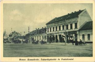 1938 Monor, Kossuth tér, Takarékpénztár, Postahivatal, Szemes Sándor, Szántó Adolf üzlete. Popper Ernő kiadása