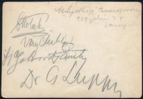 1929 Sárospatak, Nemzetközi teniszverseny résztvevőinek aláírása fotó hátoldalán (Vay, Gaborovits, Dr. Luppu)