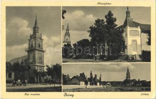 1940 Okány, Református templom, Községháza, látkép. Király István kiadása (EK)