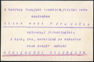 cca 1945 Sütemény felszolgálásnak tilalmáról szóló tájékoztató lap, 7,5x11,5 cm