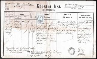 1867-1885 Egyházi iratok, anyakönyvi kivonat, stb., vegyes nyelven, 3 db, 50 kr okmánybélyeggel