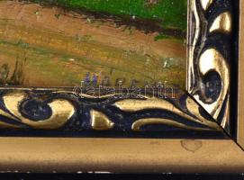 Hárencz János (1899-1969): Szénakazal. Olaj, farost, jelzett, fa keretben, 13×16 cm