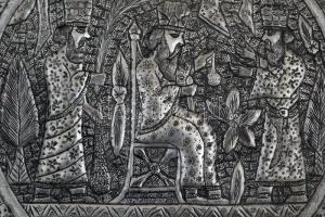 cca 1979 Iráni poncolt fém dísztányér, d: 39 cm