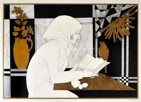 Szász Endre (1926-2003): Olvasó nő. Szitanyomat 38/100), papír, jelzett, 38x53 cm. Néhány kis folt a margón. Üvegezett keretben.