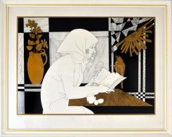 Szász Endre (1926-2003): Olvasó nő. Szitanyomat 38/100), papír, jelzett, 38x53 cm. Néhány kis folt a...