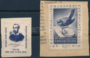 80 éves a magyar bélyegkiállítás kék levélzáró kivágáson + Amerikai Magyar Szövetség levélzáró