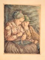 Glatz Oszkár(1872-1958)-Prihoda István (1891-1956): Betűvetés, színezett rézkarc, papír, jelzett, 34,5×25,5 cm