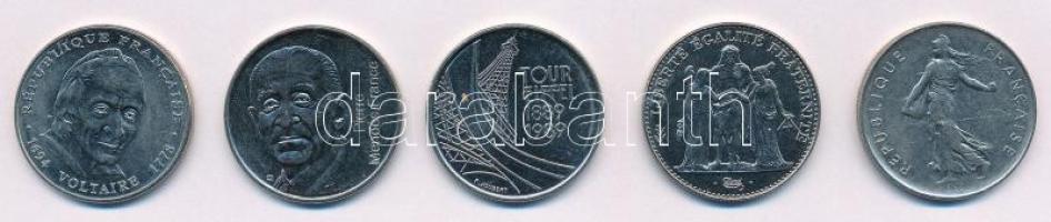Franciaország 1974. 5Fr Cu-Ni + 1989. 5 Fr Cu-Ni "Az Eiffel-torony 100. évfordulója" + 1992. 5Fr Cu-Ni "Pierre Mendes halálának 10. évfordulója" + 1994. 5Fr Cu-Ni "Voltaire születésének 300. évfordulója" + 1996. 5Fr Cu-Ni "A francia frank 200 évfordulója - decimális rendszer" T:1-,2 France 1974. 5 Francs Cu-Ni + 1989. 5 Francs "100th Anniversary of the Eiffel Tower" + 1992. 5 Francs Cu-Ni "10th Anniversary of the Death of Pierre Mendes-France" + 1994. 5 Francs Cu-Ni "300th Anniversary of Voltaire" + 1996. 5 Francs "200th Anniversary of the French Franc - Decimal System" C:AU,XF